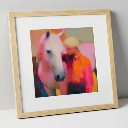 The Radiant Embrace horse & rider art print in natural frame