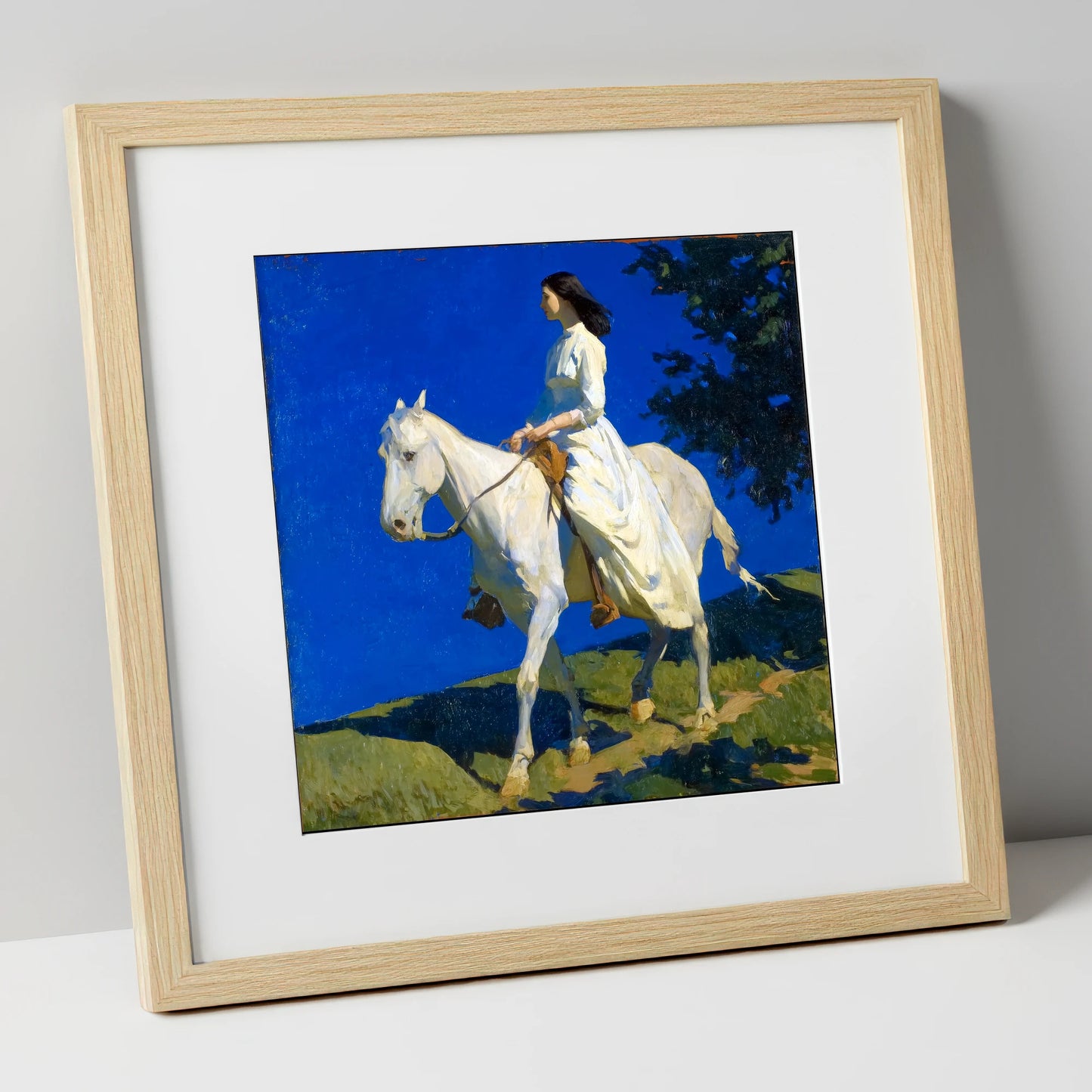 Grace Beneath Azure Skies horse & rider art print in natural frame