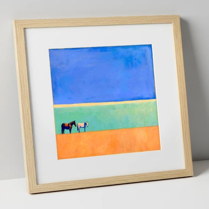 Sunlit Plain horse landscape art print in natural frame