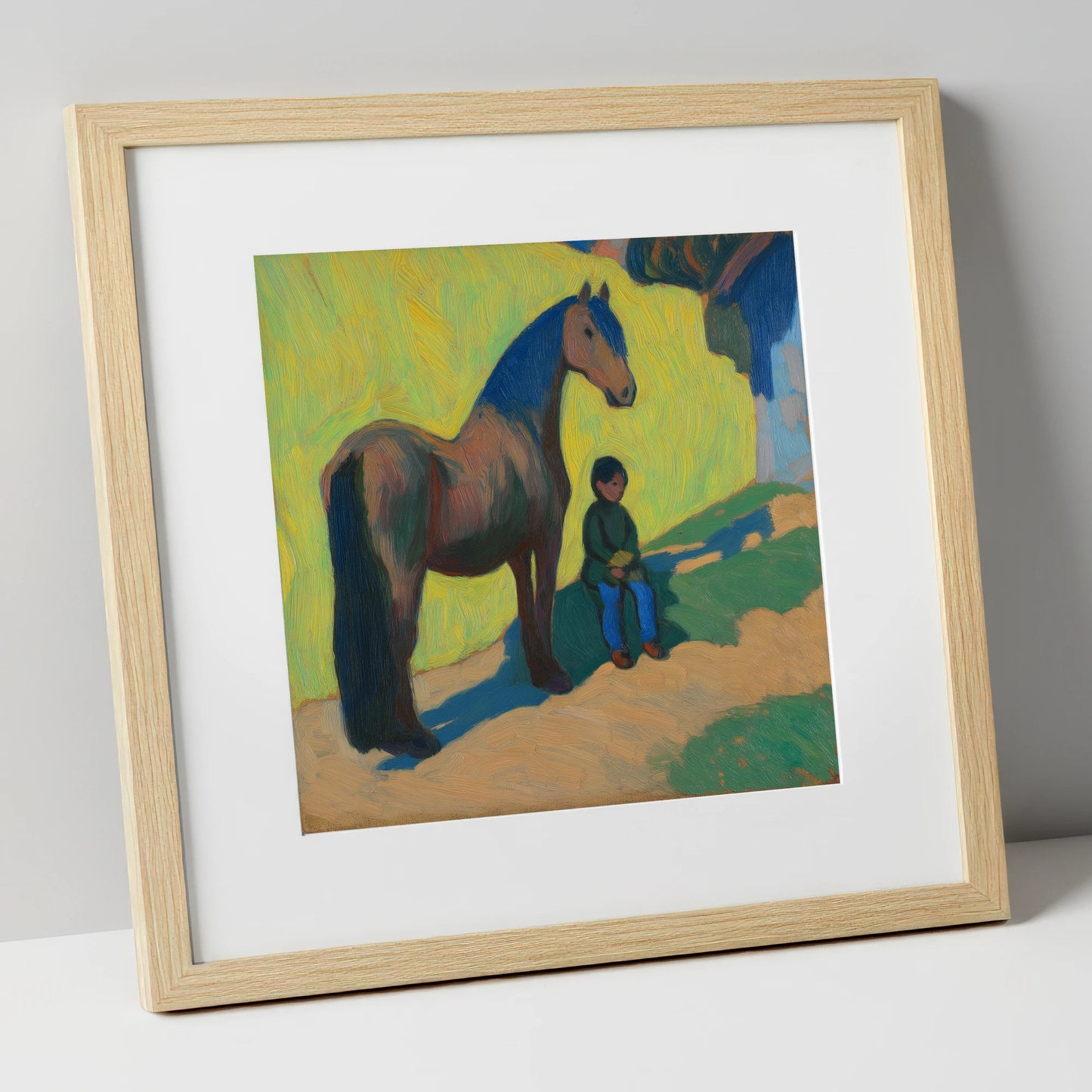 Sunlit Companionship horse & rider art print in natural frame