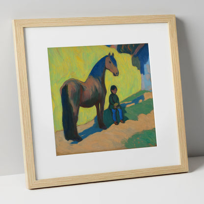 Sunlit Companionship horse & rider art print in natural frame