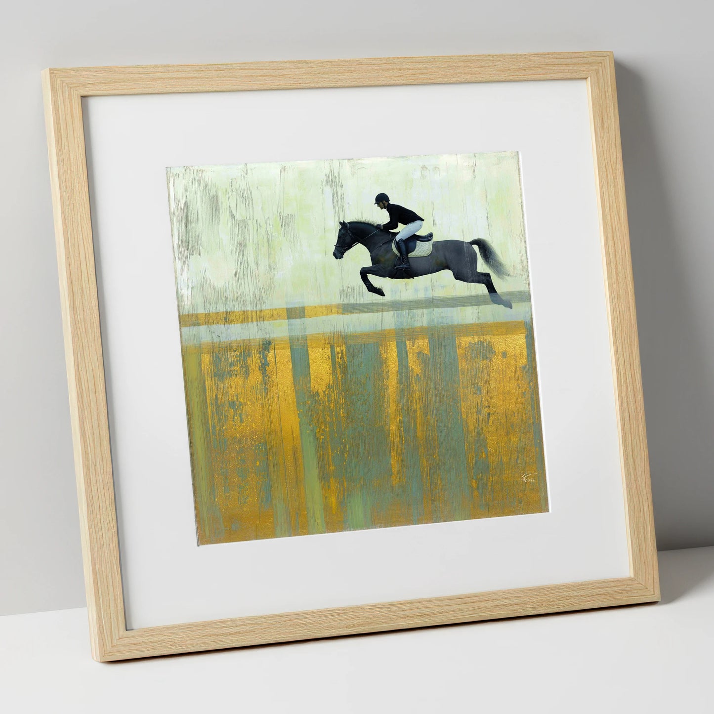 Flight Over Gold show jumping horse art print in natural frame
