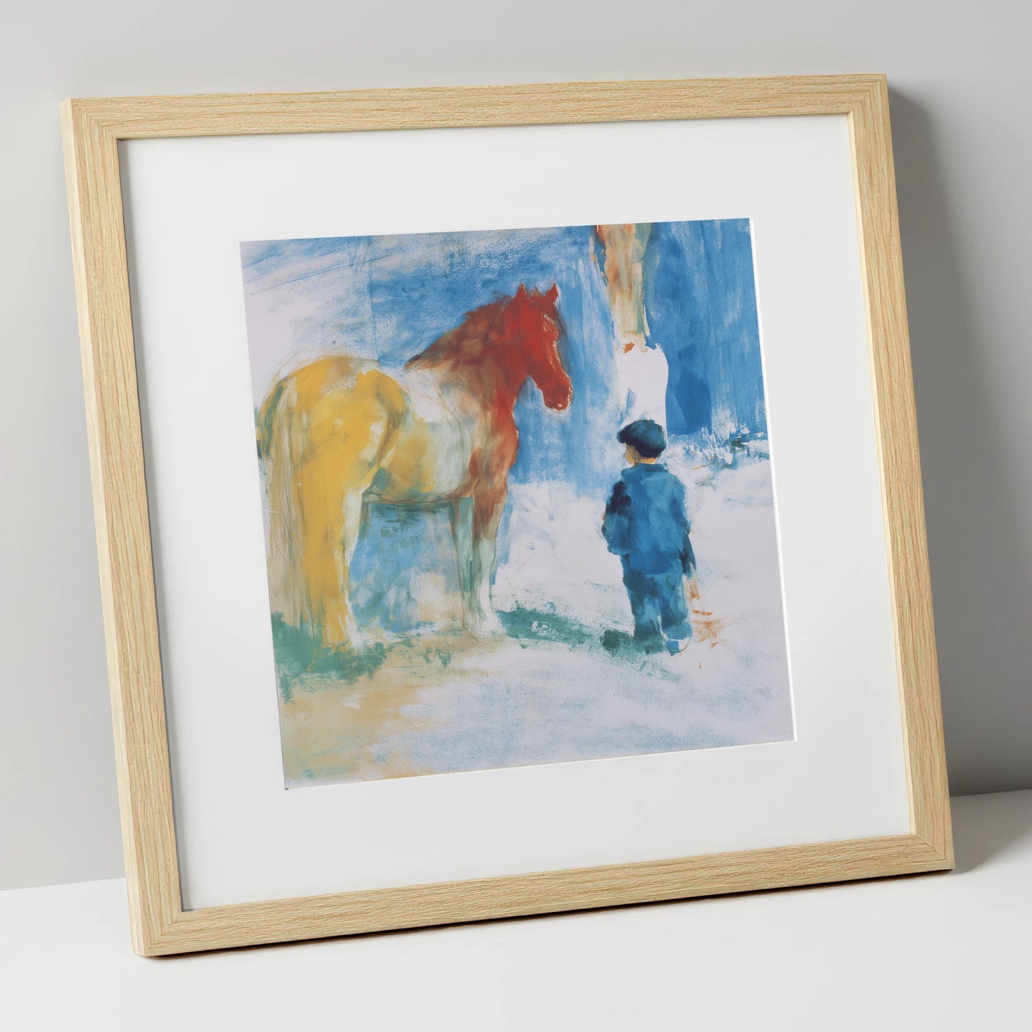 A Quiet Connection horse & rider art print in natural frame