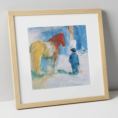 A Quiet Connection horse & rider art print in natural frame