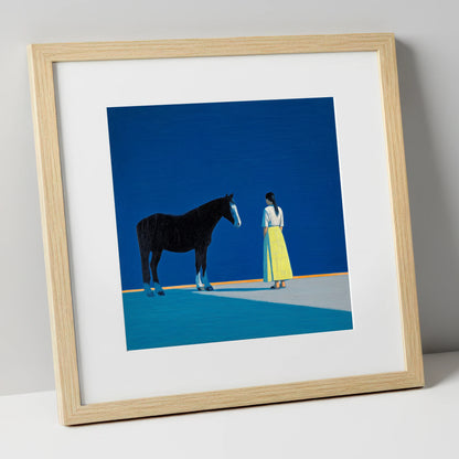 The Meeting Place horse & rider art print in natural frame