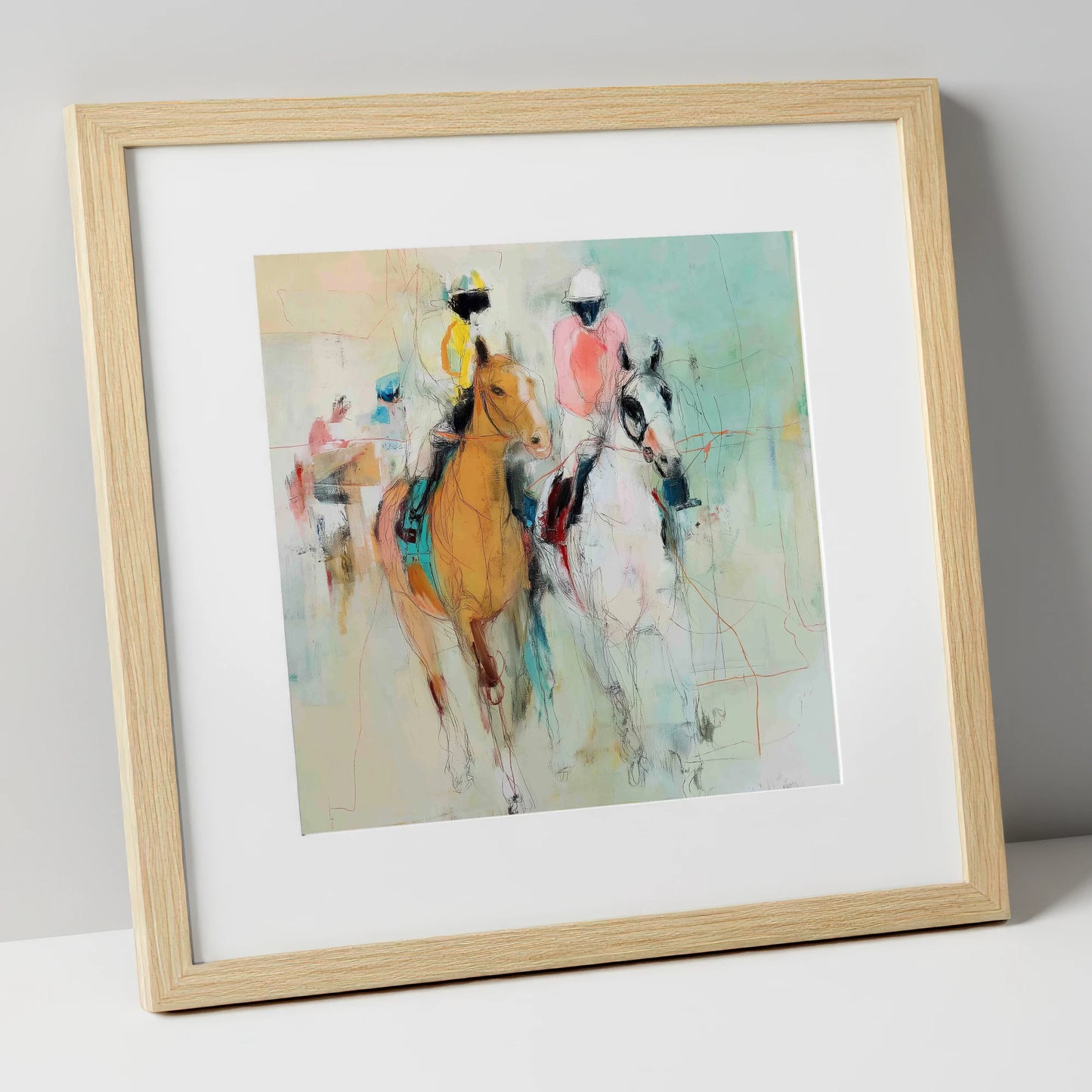 Echoes of the Turf racing horse art print in natural frame