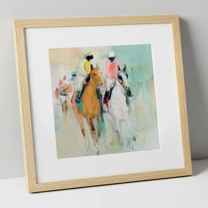 Echoes of the Turf racing horse art print in natural frame