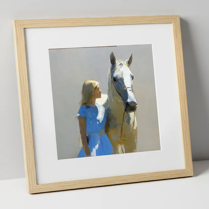 A Sunlit Bond horse & rider art print in natural frame