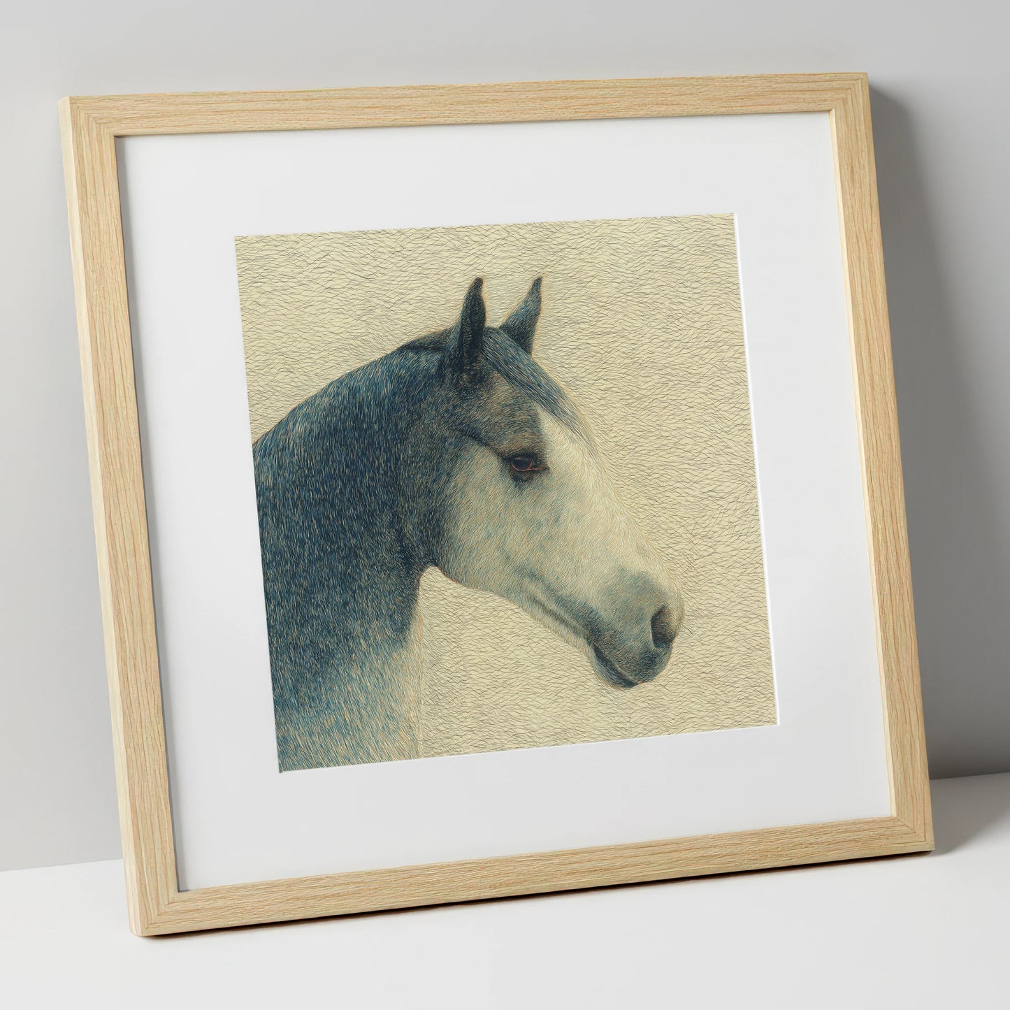 Serene Slate Profile horse portrait art print in natural frame