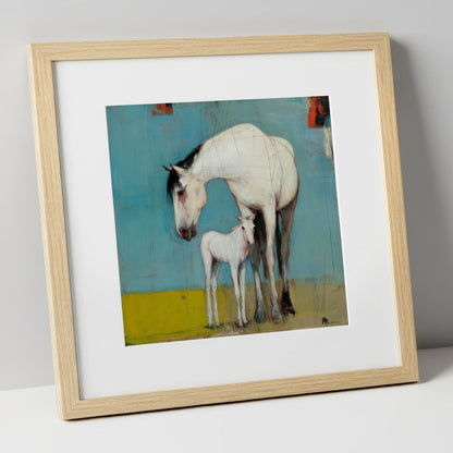Quiet Bond in Teal mare & foal art print in natural frame