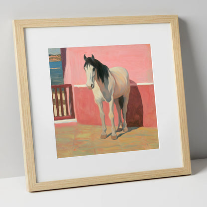 Coastal Courtyard Grey horse breed art print in natural frame