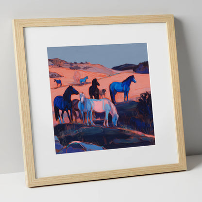 Indigo Herd at Dusk horse landscape art print in natural frame