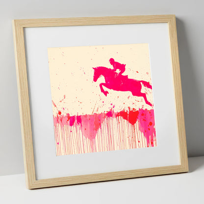 Magenta Flight show jumping horse art print in natural frame