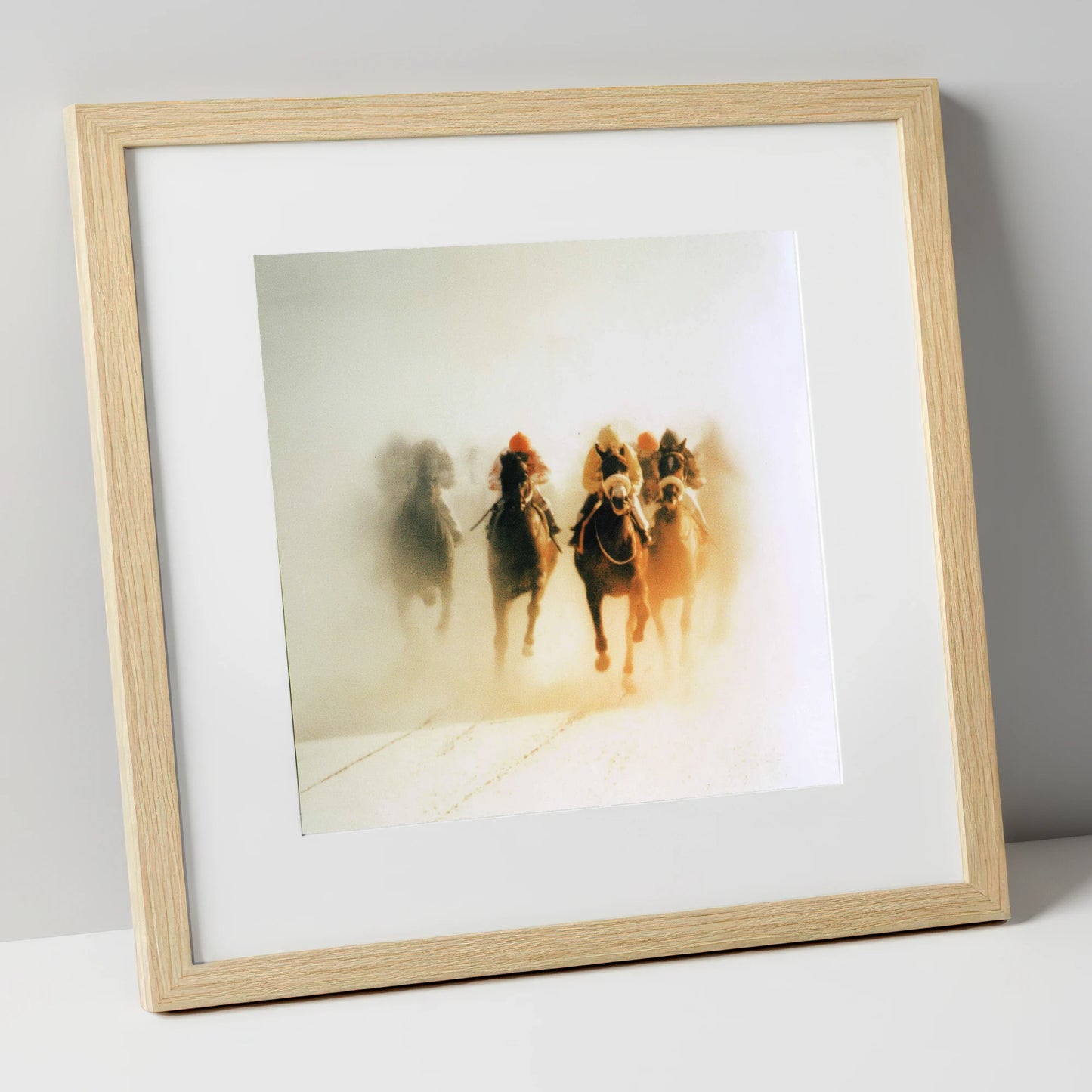 Emerging From The Mist racing horse art print in natural frame