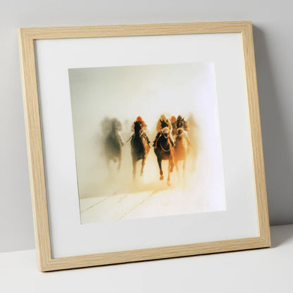 Emerging From The Mist racing horse art print in natural frame