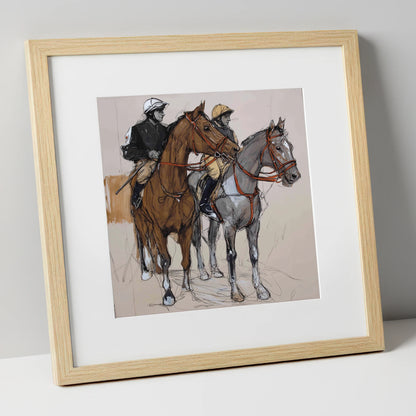 Waiting for the Off racing horse art print in natural frame