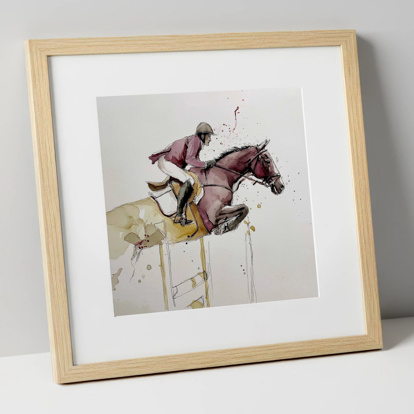Burgundy Flight show jumping horse art print in natural frame