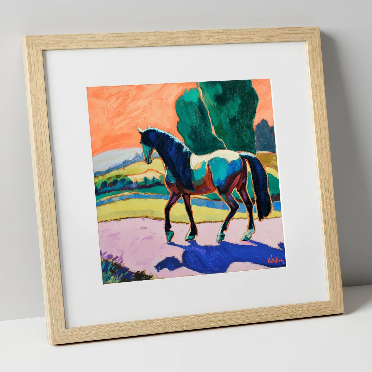 The Cobalt Stride horse breed art print in natural frame