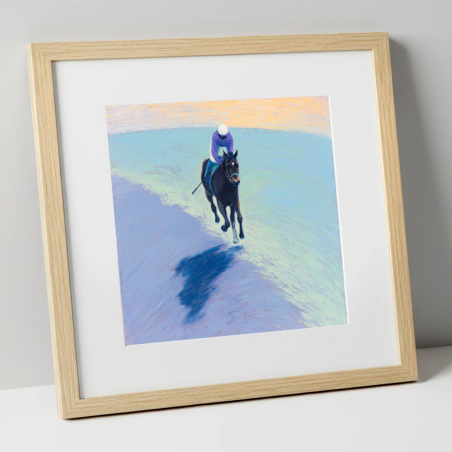 Morning On The Gallops racing horse art print in natural frame