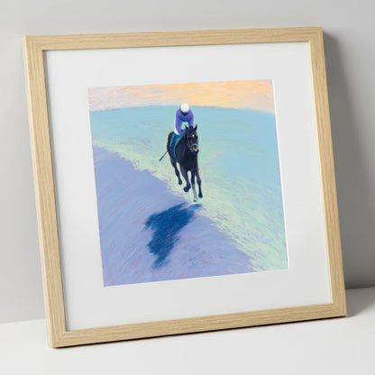 Morning On The Gallops racing horse art print in natural frame