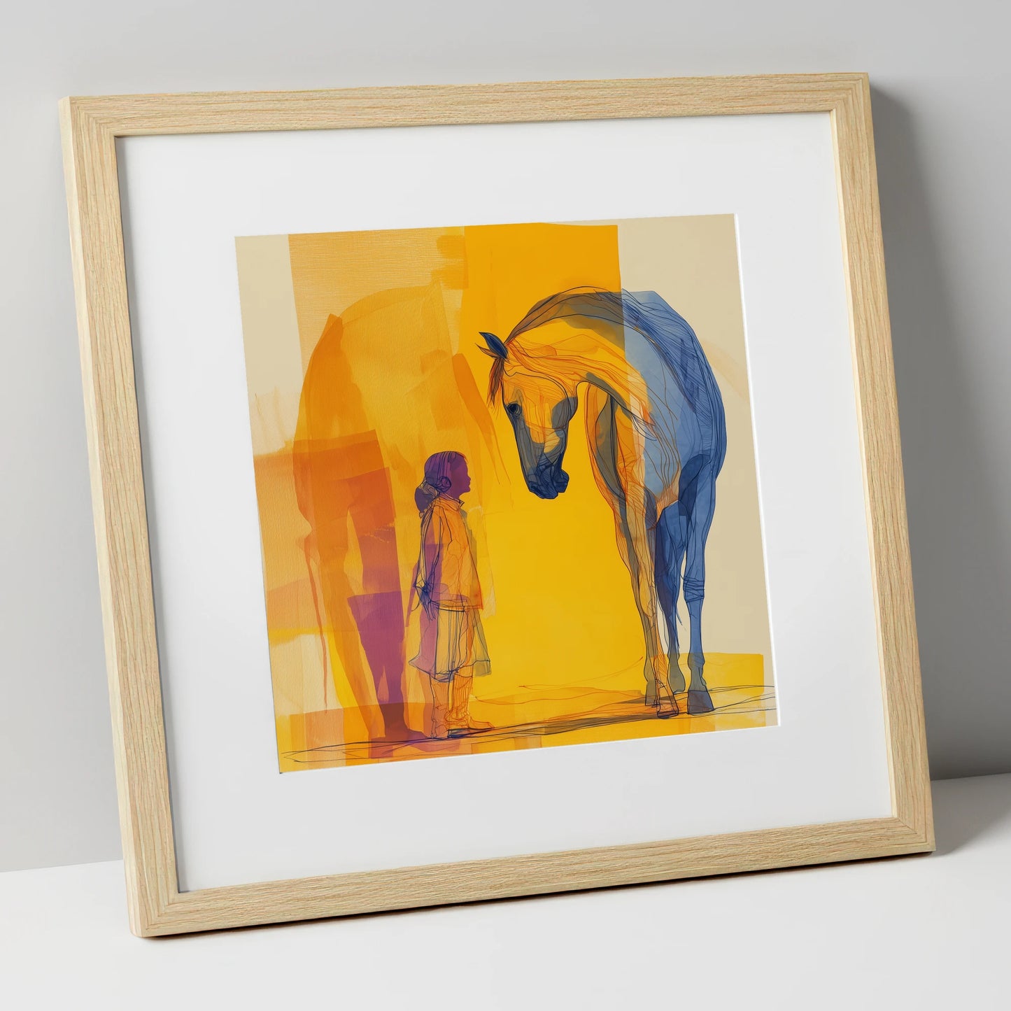 A Silent Understanding horse & rider art print in natural frame