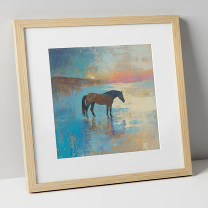 Silent Waters horse landscape art print in natural frame