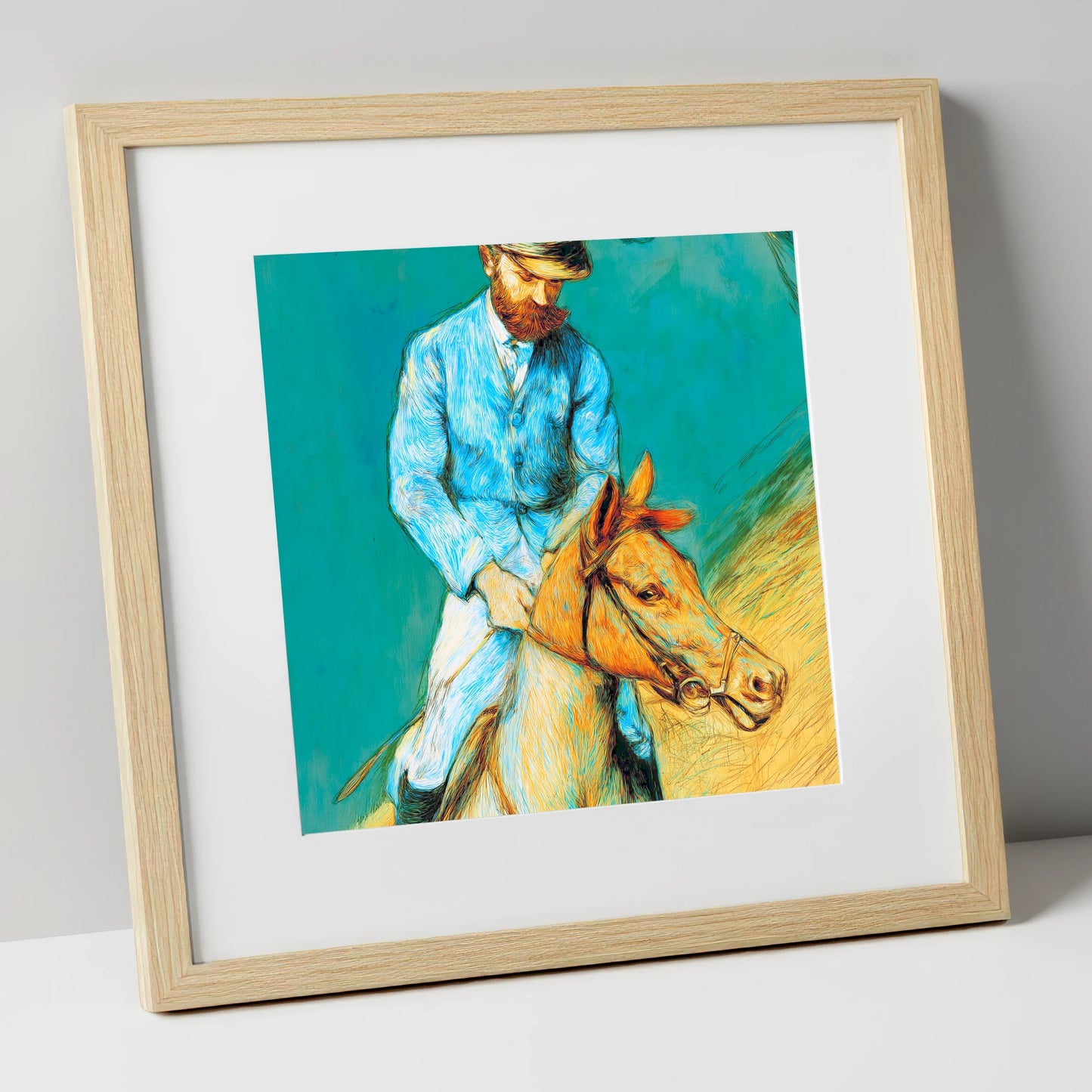 The Cerulean Rider racing horse art print in natural frame