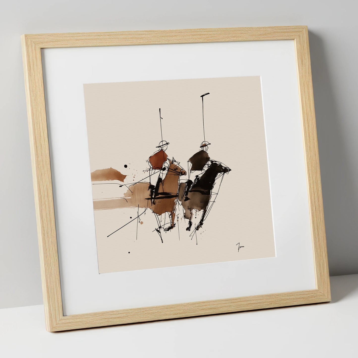 The High Goal polo horse art print in natural frame