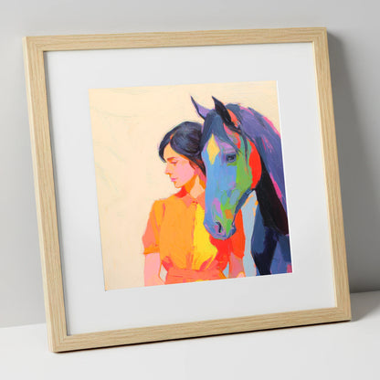 Vivid Companion horse & rider art print in natural frame
