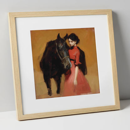 Crimson and Shadow horse & rider art print in natural frame