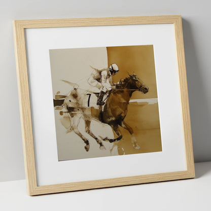 Sepia Racing Stride racing horse art print in natural frame