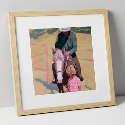 The Gentle Lesson horse & rider art print in natural frame