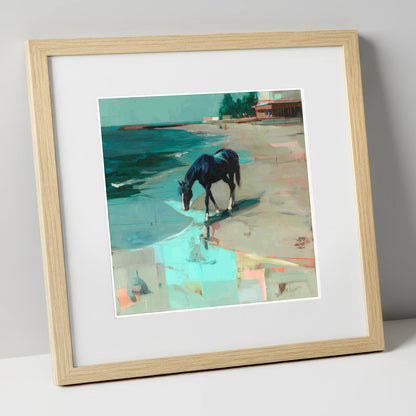 Coastal Solitude horse landscape art print in natural frame