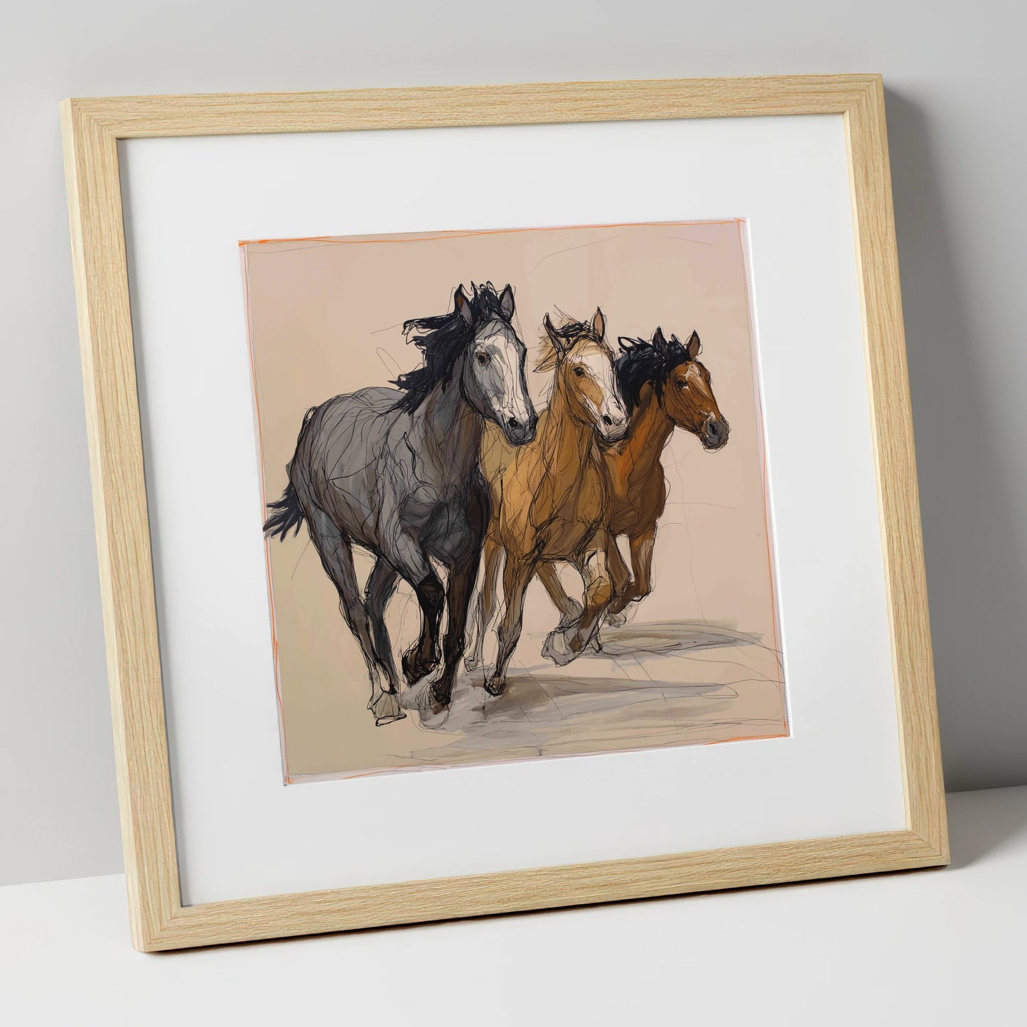 Spirited Trio wild horses art print in natural frame