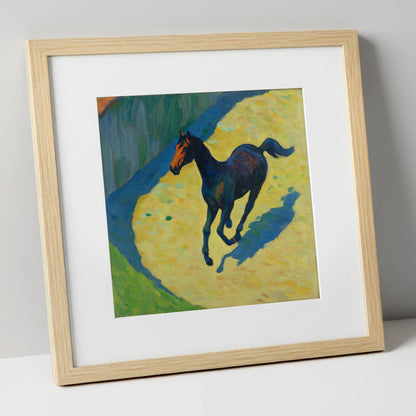 Cobalt Shadow Gallop racing horse art print in natural frame