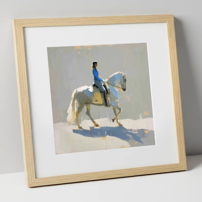 Collected in Blue dressage horse art print in natural frame