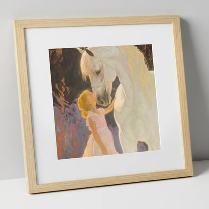 A Gentle Connection horse & rider art print in natural frame