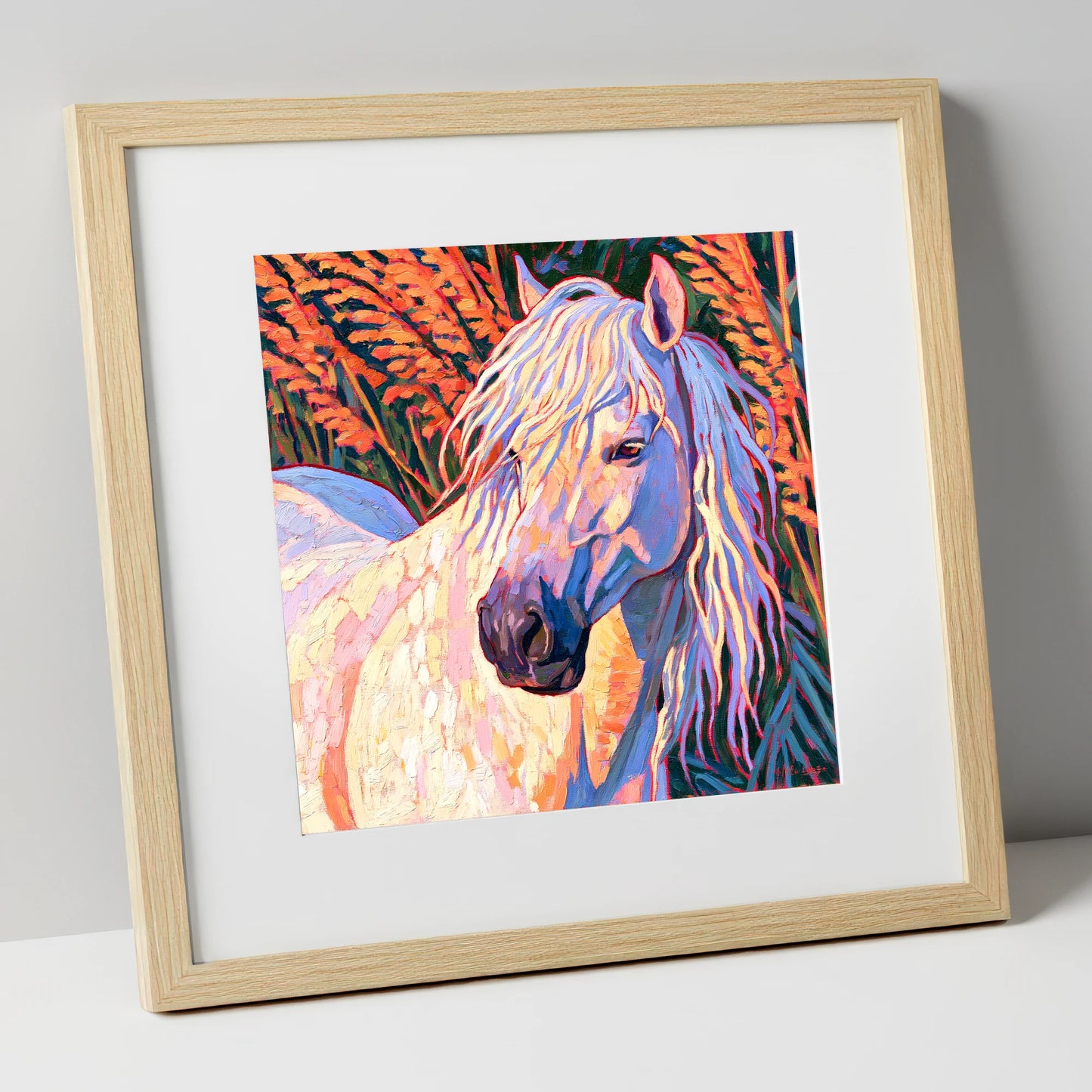 Vibrant Grey Horse Portrait horse breed art print in natural frame