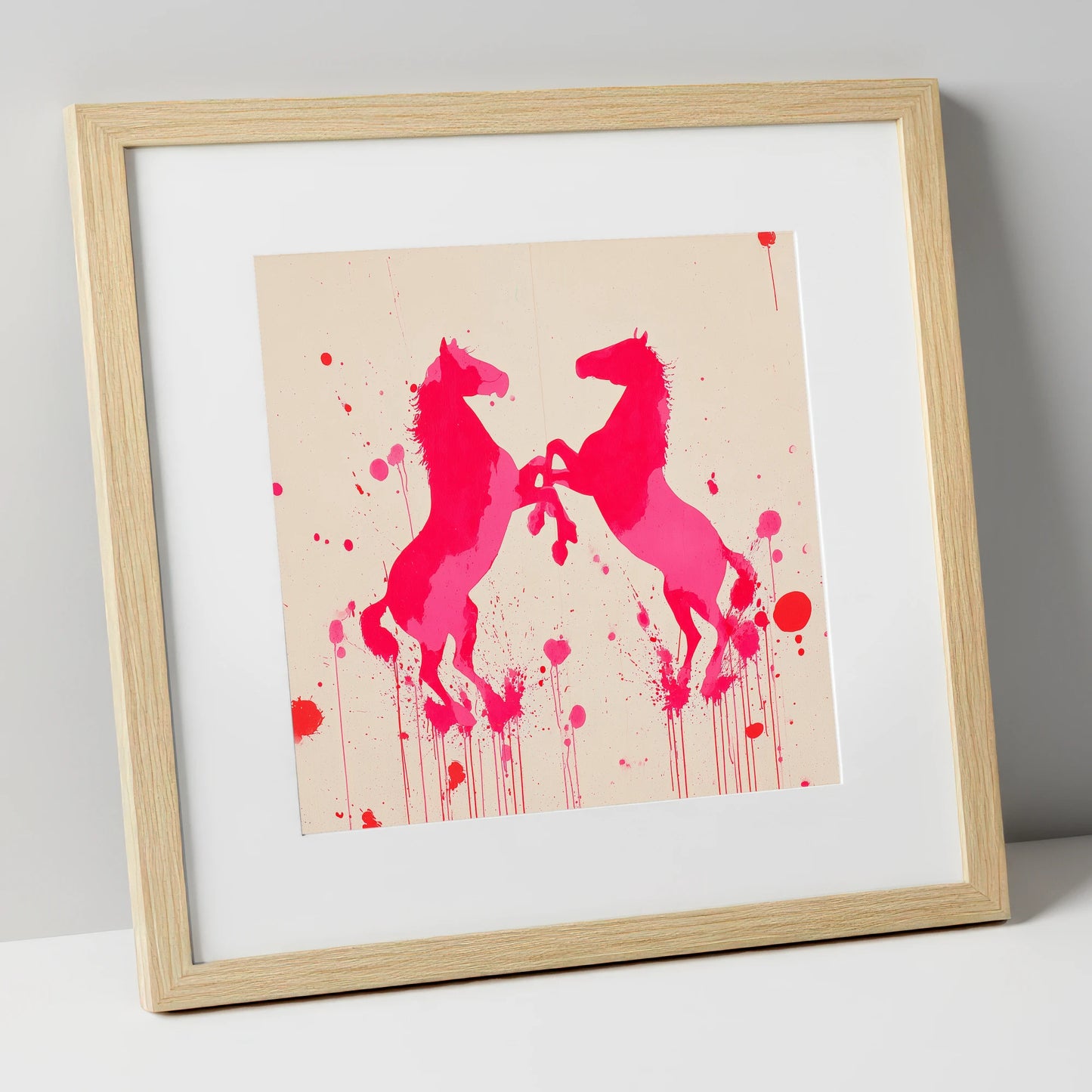 Rearing in Magenta wild horses art print in natural frame