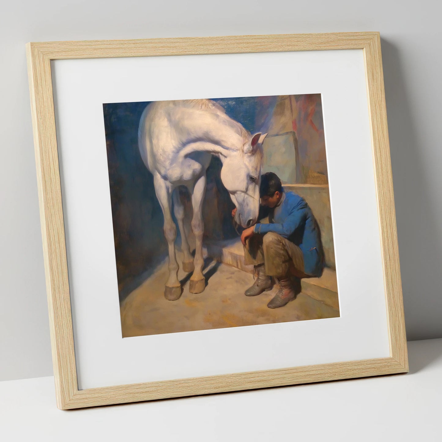 A Moment of Solace horse & rider art print in natural frame