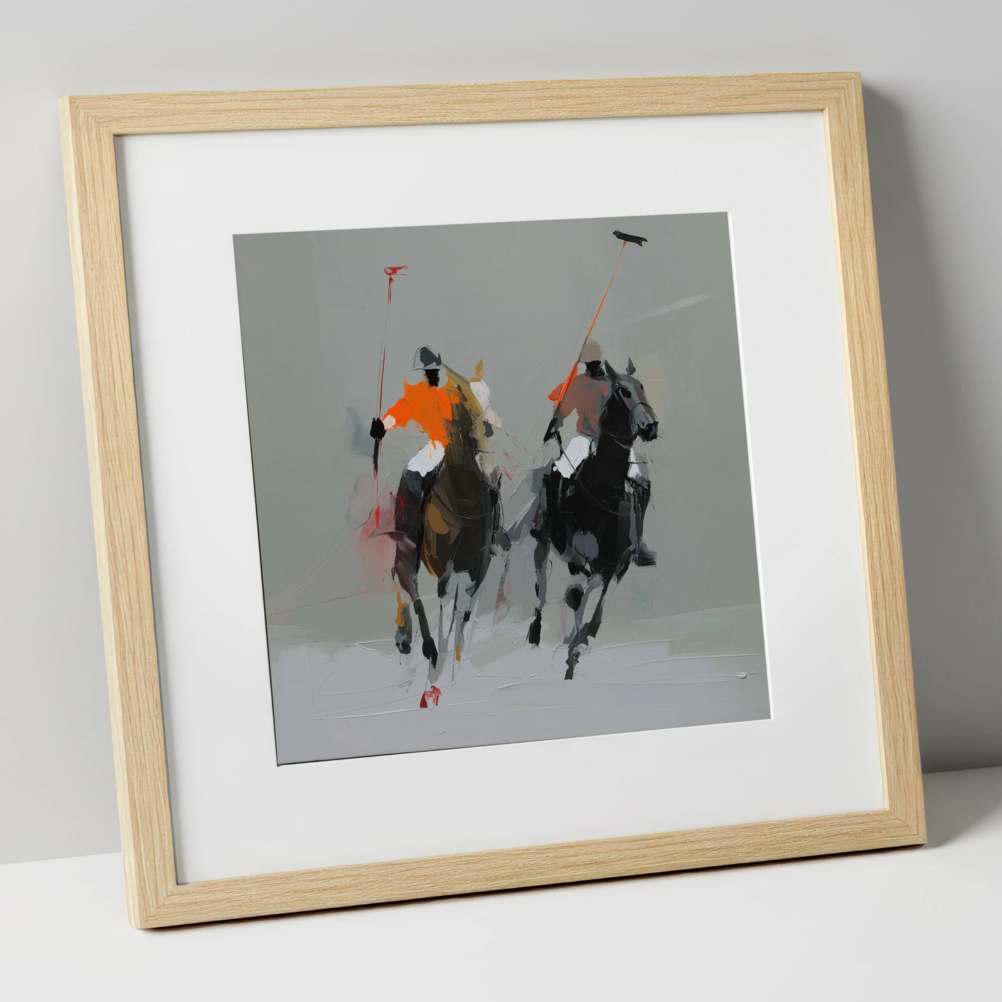 The Breakaway polo horse art print in natural frame