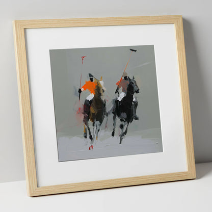 The Breakaway polo horse art print in natural frame