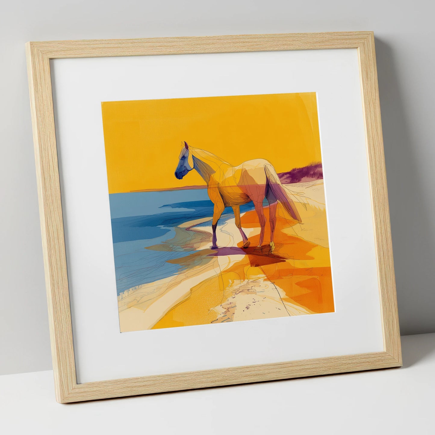Vibrant Coastal Stride horse landscape art print in natural frame