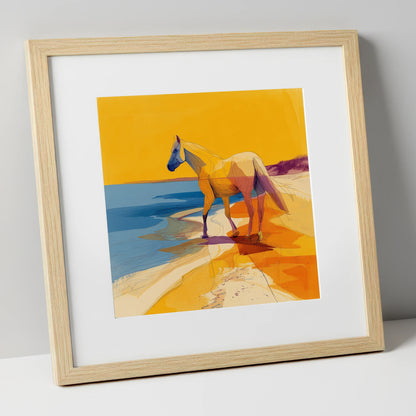 Vibrant Coastal Stride horse landscape art print in natural frame
