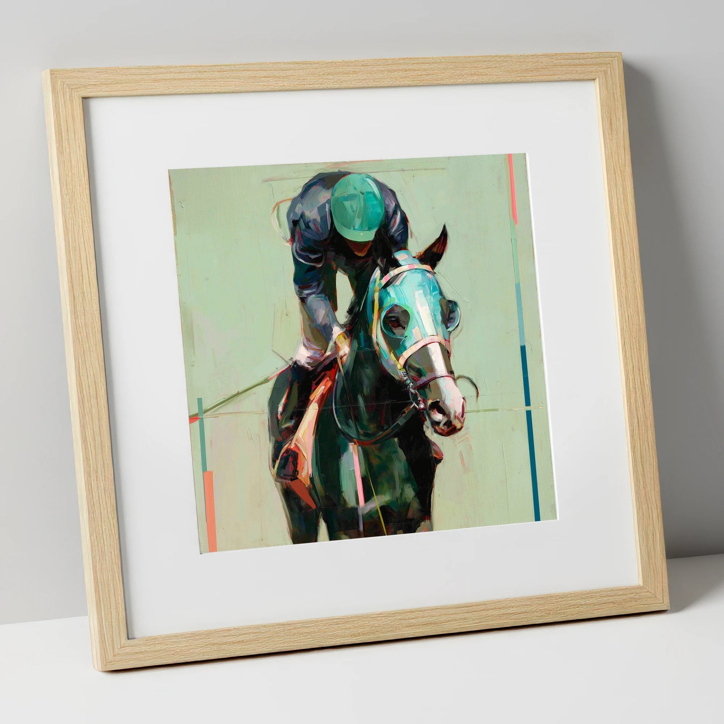 Blinkered Focus racing horse art print in natural frame