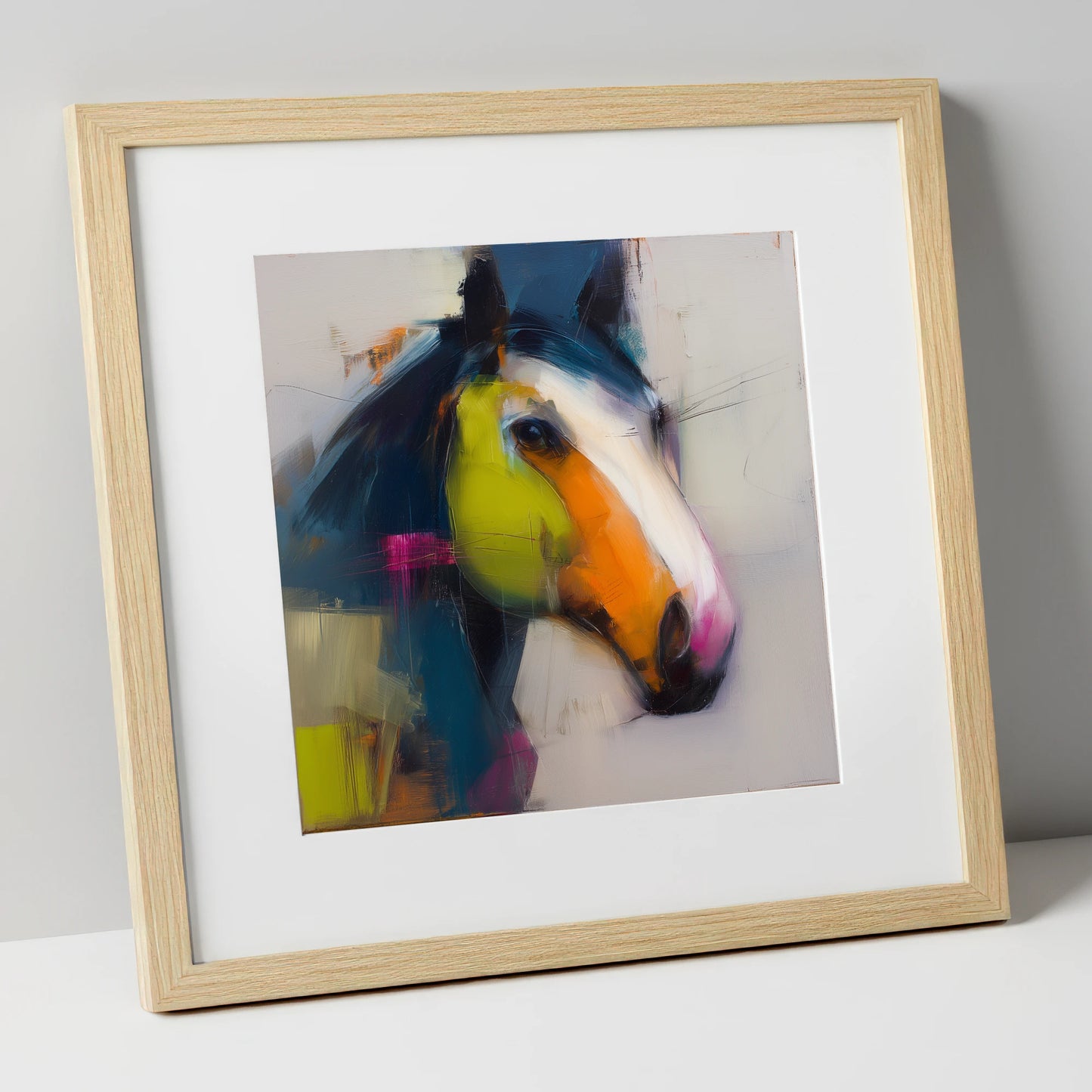 Vibrant Contemporary Profile horse portrait art print in natural frame