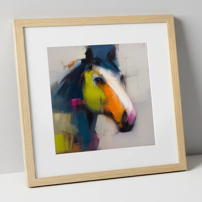 Vibrant Contemporary Profile horse portrait art print in natural frame
