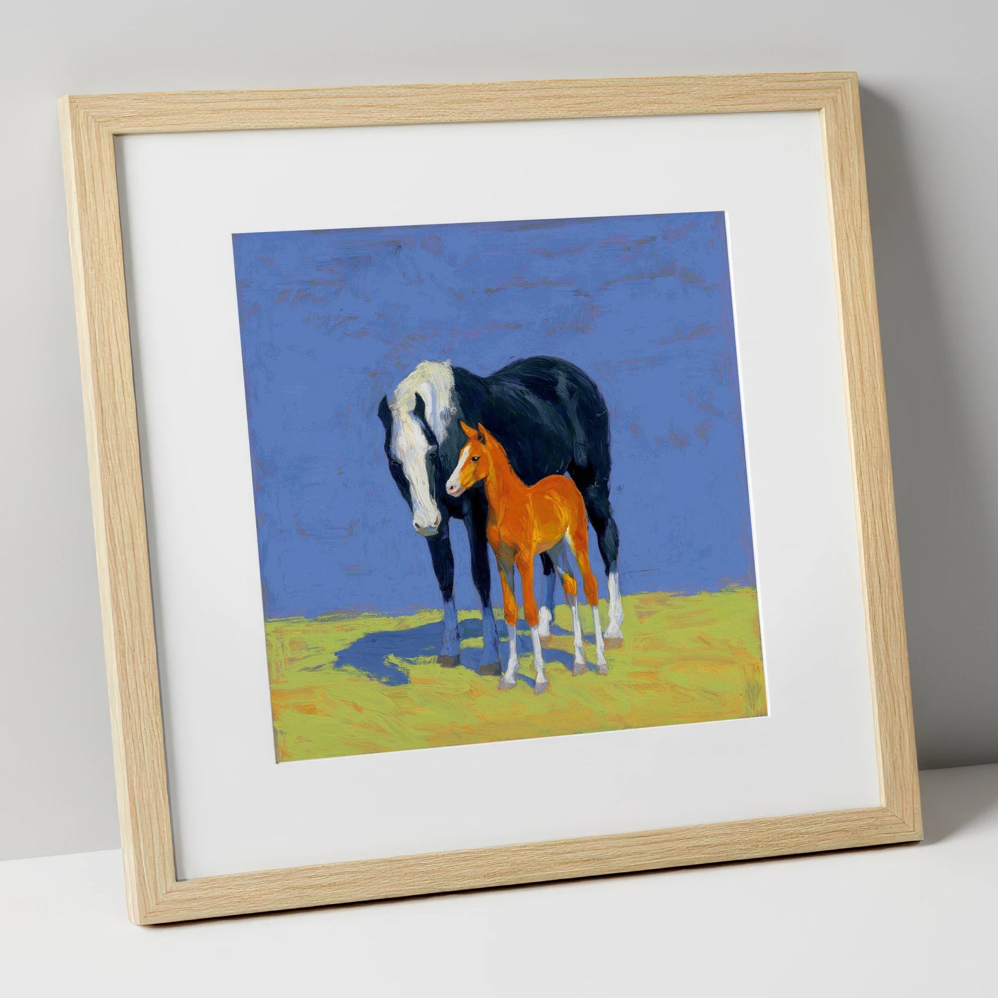 Vibrant Pasture Bond mare & foal art print in natural frame