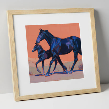 Bold Indigo Strides mare & foal art print in natural frame