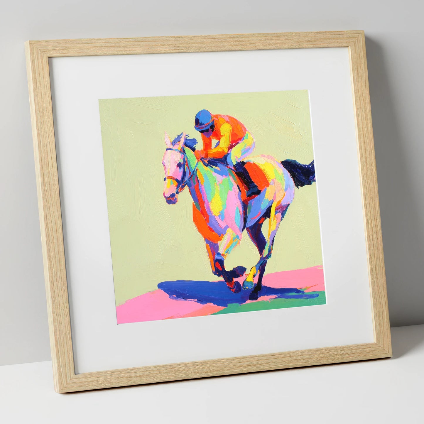 Technicolour Sprint racing horse art print in natural frame